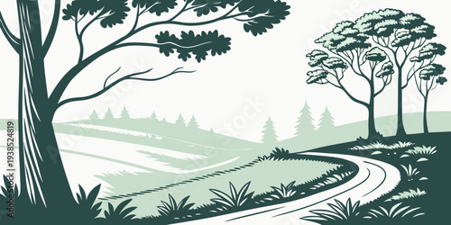 A serene landscape with trees, a winding path, and a distant horizon under a clear sky. Vector