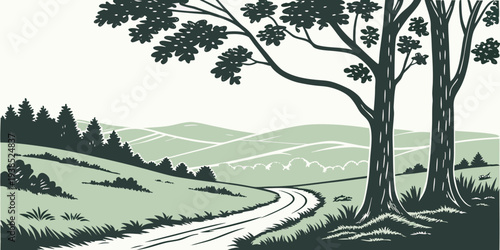 A serene landscape with a winding path leading through a lush valley and dense forest. Vector