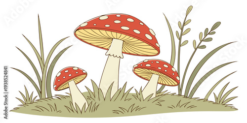 A vibrant illustration of mushrooms growing in a lush green field. Vector