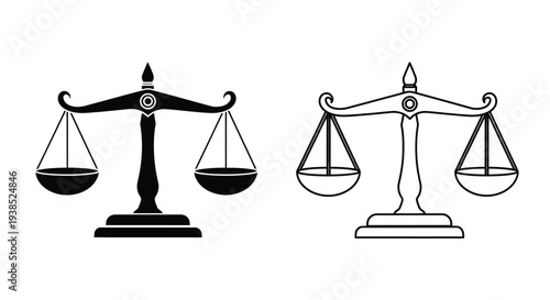 Two scales of justice depicted in a stark black design silhouette