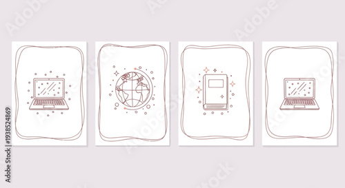 Collection of Online Learning and Education Icons: Laptop, Globe, Book