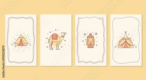 Desert Travel Adventure: Camel, Tent, Lantern - Flat Design Cards