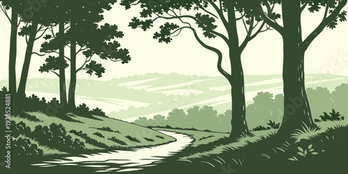 A serene and picturesque landscape featuring a winding dirt road surrounded by lush trees Vector