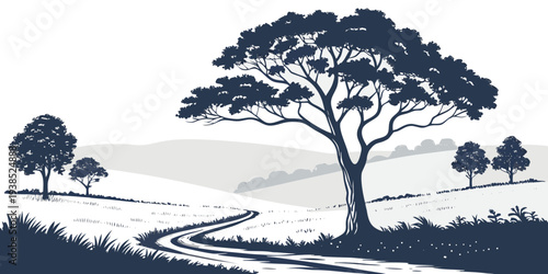 A serene landscape with trees and a winding path under a clear sky. Vector