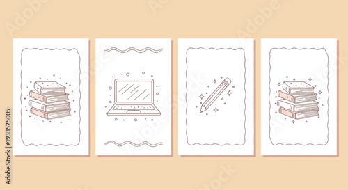 Hand-drawn illustrations of books, laptop, and pencil on cards
