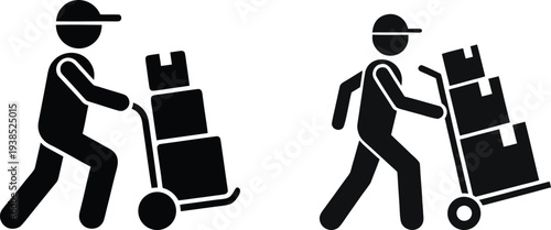 Delivery Worker With Hand Truck Vector Icon