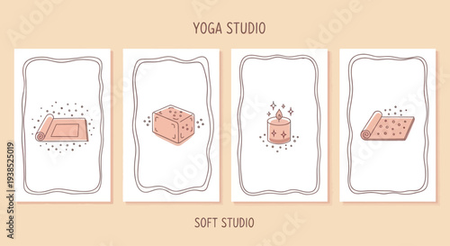 Yoga Studio Equipment Set: Mat, Blocks, Candle, Props | Minimalist Illustration