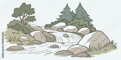 A serene landscape with a flowing river surrounded by lush green trees and mountains Vector