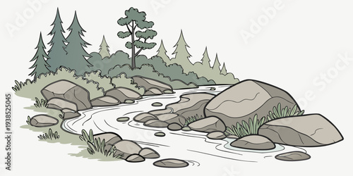 A serene landscape featuring a rocky stream winding through a forest with tall trees Vector