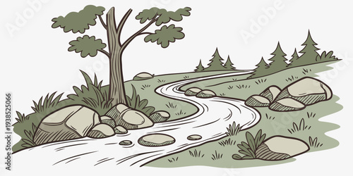 A serene landscape with a lone tree standing by a winding river Vector
