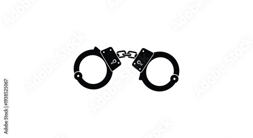 A stark black silhouette depicts a pair of handcuffs against a plain white background high quality