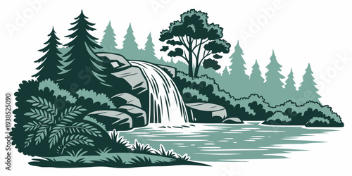 A serene landscape featuring a tranquil lake surrounded by lush greenery and majestic mountains. Vector