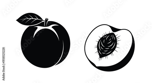 A whole peach and half depicted in a striking black silhouette
