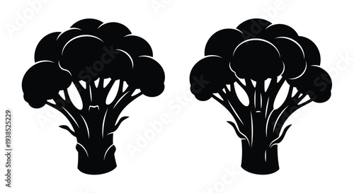 Two broccoli florets depicted in a striking black silhouette
