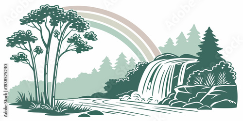 A serene landscape with a rainbow arching over a lush forest and a river Vector