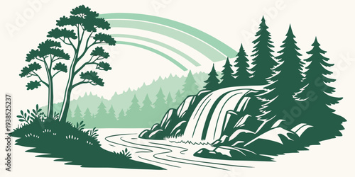A serene landscape featuring a winding river flowing through a lush forest with towering trees Vector