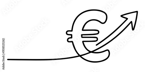 euro sign with green arrow pointing up continuous one line drawing, Euro sign with arrow pointing up on white background. growth of the financial and business concept, financial growth concept on pro.