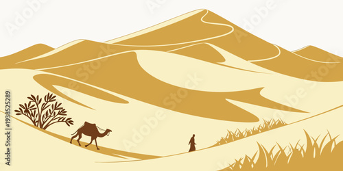 A serene desert landscape with camels and a lone tree under a clear blue sky Vector