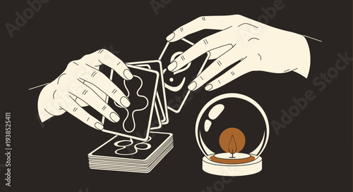 Mysterious Hands Holding Tarot Cards and Crystal Ball.