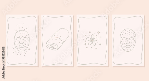 Minimalist Skincare Line Art: Face Mask, Towel, Flower Icons on Beige Background