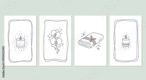Spa and Wellness Icons: Candle, Orchid, Towel, Light Sparkles