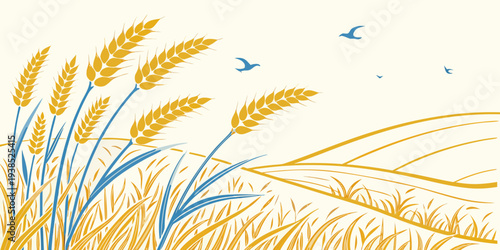 A serene landscape of tall grass and blue flowers under a clear sky. Vector