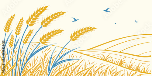 A vibrant field of tall grass and wildflowers under a clear blue sky Vector