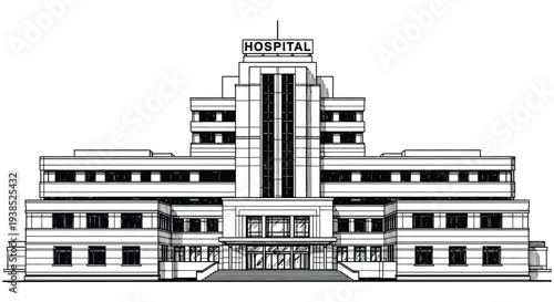 Detailed line drawing depicts a symmetrical art deco style hospital building with a prominent sign