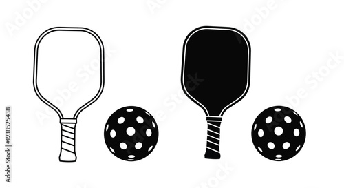 Pickleball paddles and balls in a striking black and white silhouette