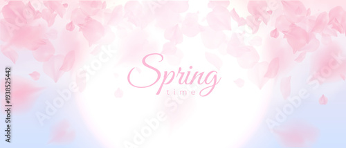 Pink sakura petals spring time horizontal background. Spring blossom fall sunrise. Sun cloud vector landscape. Morning sky light. Sunlight abstract header banner. Falling flowers valentines day