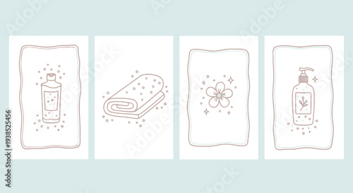 Minimalist Spa & Wellness Line Art Illustrations: Lotion, Towel, Flower, Soap