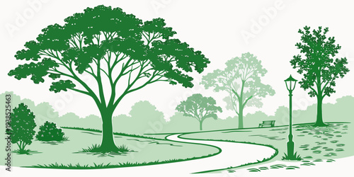 A serene landscape with a winding path surrounded by lush greenery and tall trees Vector
