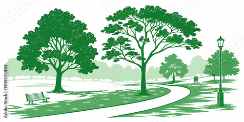 A serene landscape featuring a winding road surrounded by lush green trees. Vector