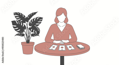 Woman playing cards at a round table with a potted plant beside her.