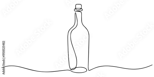 glass wine bottle continuous one line drawing, Bottle in one line art style. Drawing of a tall glass bottle for wine or oil, made by a continuous line with editable black stroke on a white background.