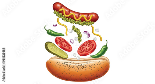 Watercolor Hot Dog Ingredients with Sausage Bun Mustard Tomato Pickle and Jalapeno