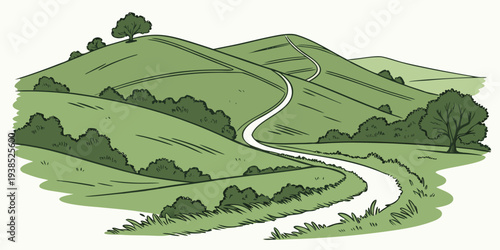 A scenic view of rolling green hills with a winding path in the countryside Vector