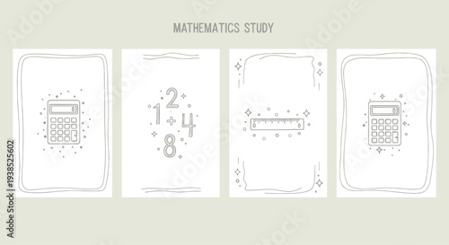 Mathematics Study Icons: Calculator, Ruler, Numbers on White Background