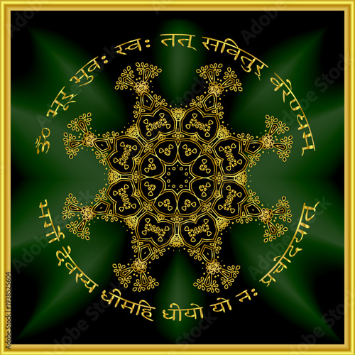 gold mandala mantra om. Indian pattern decorative vector elements. Round golden flower. emerald glow