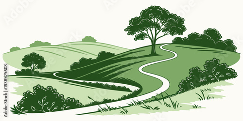 A serene landscape with a winding path surrounded by lush greenery and trees Vector