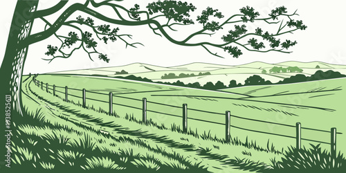 A serene landscape of rolling hills and a winding path under a vast sky. Vector