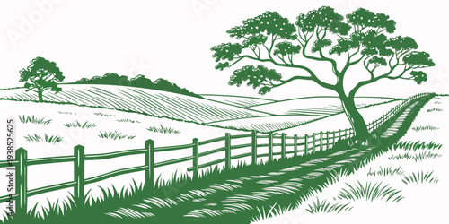 A serene countryside landscape with a winding fence and lush greenery Vector