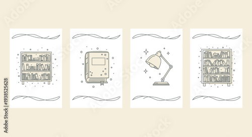 Bookcase, Book, Lamp, and Bookmark: Minimalist Line Art Collection