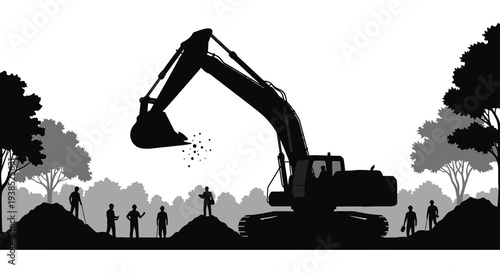 A black silhouette of an excavator and construction workers against a cloudy tree filled background high quality