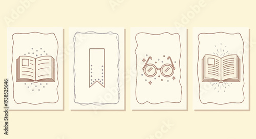 Vintage Bookmarks, Glasses, and Open Books Icons on Textured Background