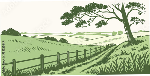 A picturesque landscape of a lush green field with a winding path and a solitary tree. Vector