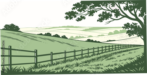 A serene landscape featuring a winding path through a lush green field with a fence Vector