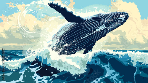 Humpback whale breaching in ocean waves under cloudy sky artwork