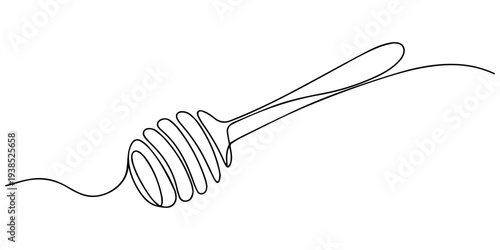 Honey dripping from honey dipper, continuous one line drawing, tattoo, print for clothes and logo design, Vector continuous one single line drawing of honey on dipper in silhouette on a white backgrou