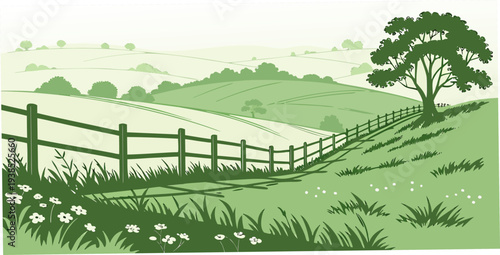 A serene pastoral landscape with a wooden fence and lush greenery Vector